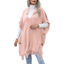 Lekki szal damski, sweter typu poncho z dekoltem w serek, dzianinowy sweter z kapturem, faktura splotu warkoczowego, peleryna casualowa