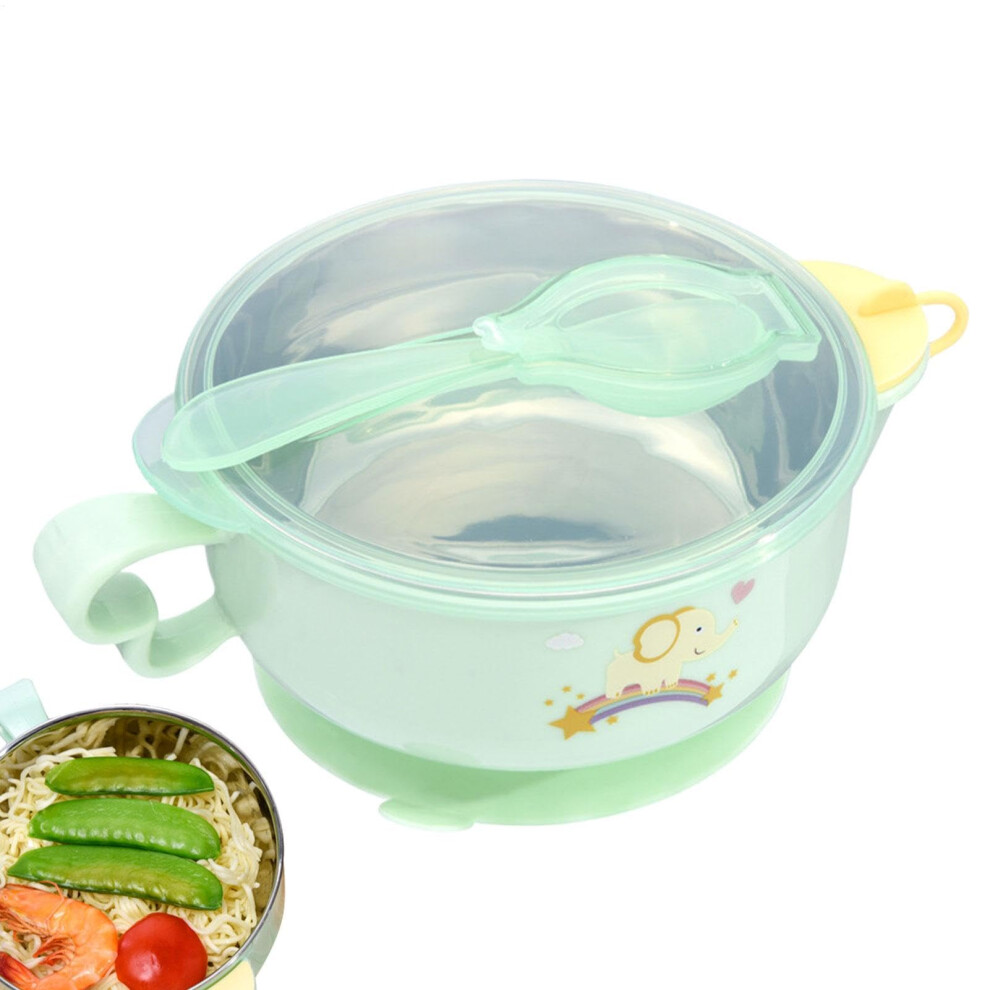 Baby Suction Feeding Bowl with Handle 400ml Green Cartoon Style Stable Base Heat Retention