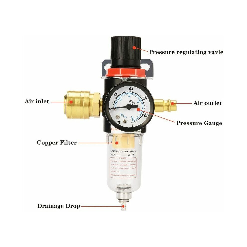 Air Compressor Filter Regulator, Air Pressure Regulator Water Separator Trap With Precision Gauge For Pneumatic Tools And Airbrush Systems, Durable 9128293474429