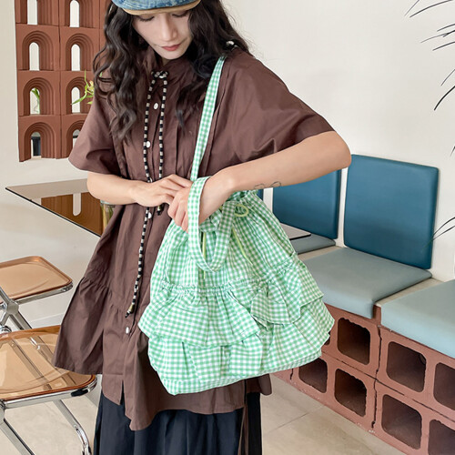 Damen Einfache Achseltasche Rüschen Plaids-Hellgelb 2