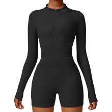 Macacão de ioga feminino respirável com zíper frontal e elasticidade em 4 direções. Modelagem justa, design sem costura, controle de barriga,