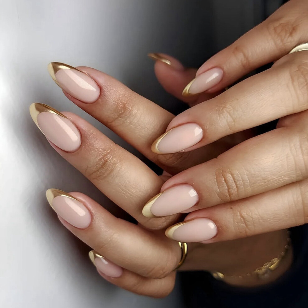 Gold 24 Pcs French Tip Press On Nail Almond Shape False Nail