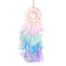 Handmade Wall Hanging Decoration With Natural Feather, Moon Dream Catcher Featuring Beautiful Legend And Luminous Beads, Colorful Feathers And Turquoi
