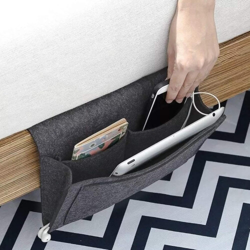 Hanging Felt Storage, Bedside Caddy for Multiple Pockets Organizer, USB Charging Hole and Easy Installation, Sturdy Felt Material for Dorm Bed Use Fea 2
