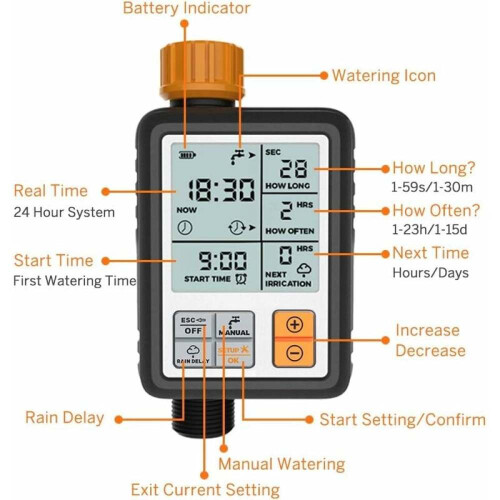 Smart Water Timer for Garden Irrigation, Rain Delay Programmable Sprinkler Timer with Large Screen Auto Manual Mode, Waterproof Child Lock Drip 1