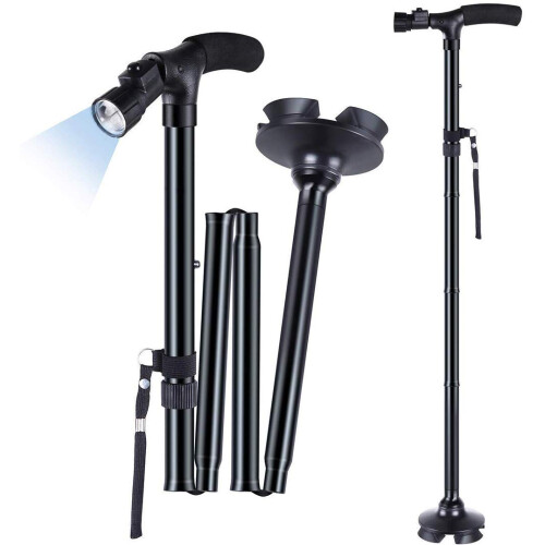 Walking Cane with LED Light, Adjustable Folding Stick for Elderly, Cushion Handle, Quad Base