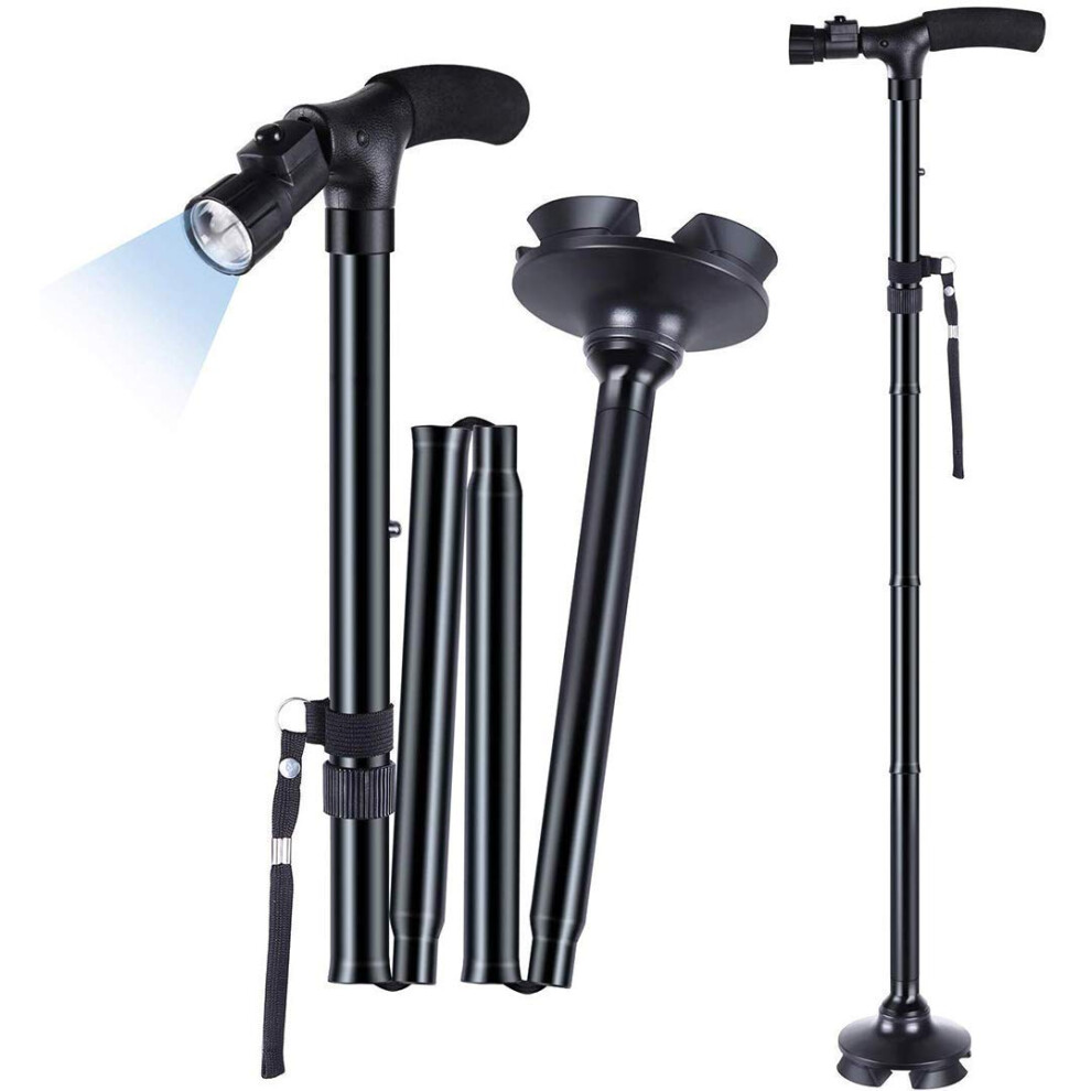 Light Walking Cane With Led Adjustable Folding Stick For Elderly, Cushion Handle, Quad Base