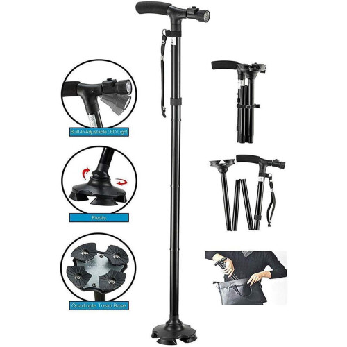 Walking Cane with LED Light, Adjustable Folding Stick for Elderly, Cushion Handle, Quad Base 2