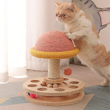 Wooden Cat Scratcher Post With Sisal And Toys Interactive Cat Tower Perches Tracks For Indoor Cats Mushroom Design 1