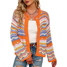 Colorful Knitted Cardigan for Women, Long Sleeve Rainbow Striped Sweater with Open Front Jacket Style, Multi Season Wear Loose Knit Pullover, Casual