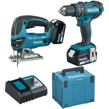 Makita DLX2134TJ Cordless 18V LXT DJV180 Jigsaw, DHP482 Combi Drill Twin Set With 2x5Ah Batts, Charger and MAKPAC Carry Case
