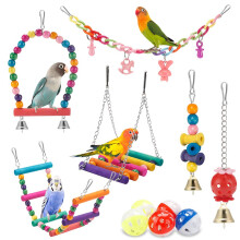 Birdie Bliss Bundle, Coconut House and Chew Toys Natural Wood ABS Materials Colorful Bridge Hammock Swing Bells, Parrot Play Center for Parakeet
