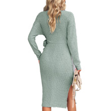 Damen Grünes V-Ausschnitt Wickelkleid aus Strick, Rippstrick-Midilänge, Größe S-Xl