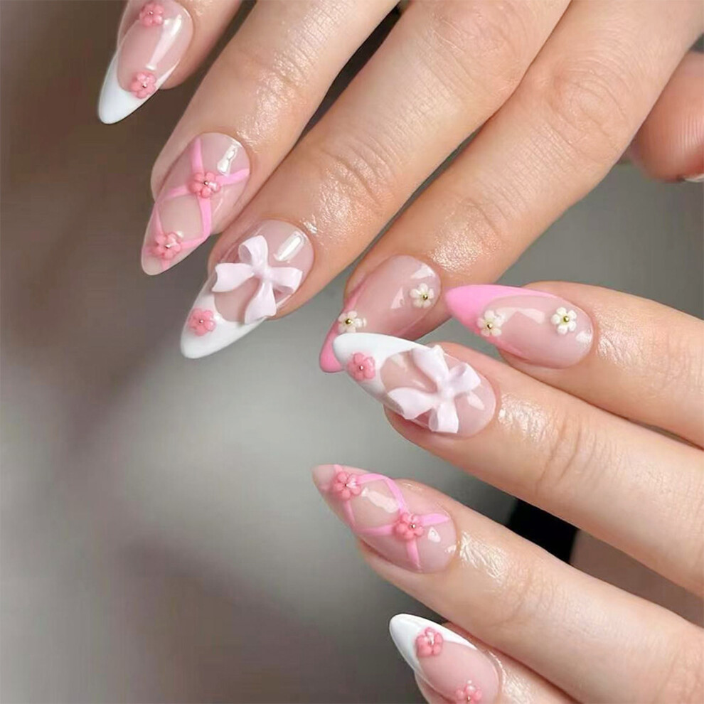 Bowknot Press On Nail French Tip Almond False Nail Glues on Nail