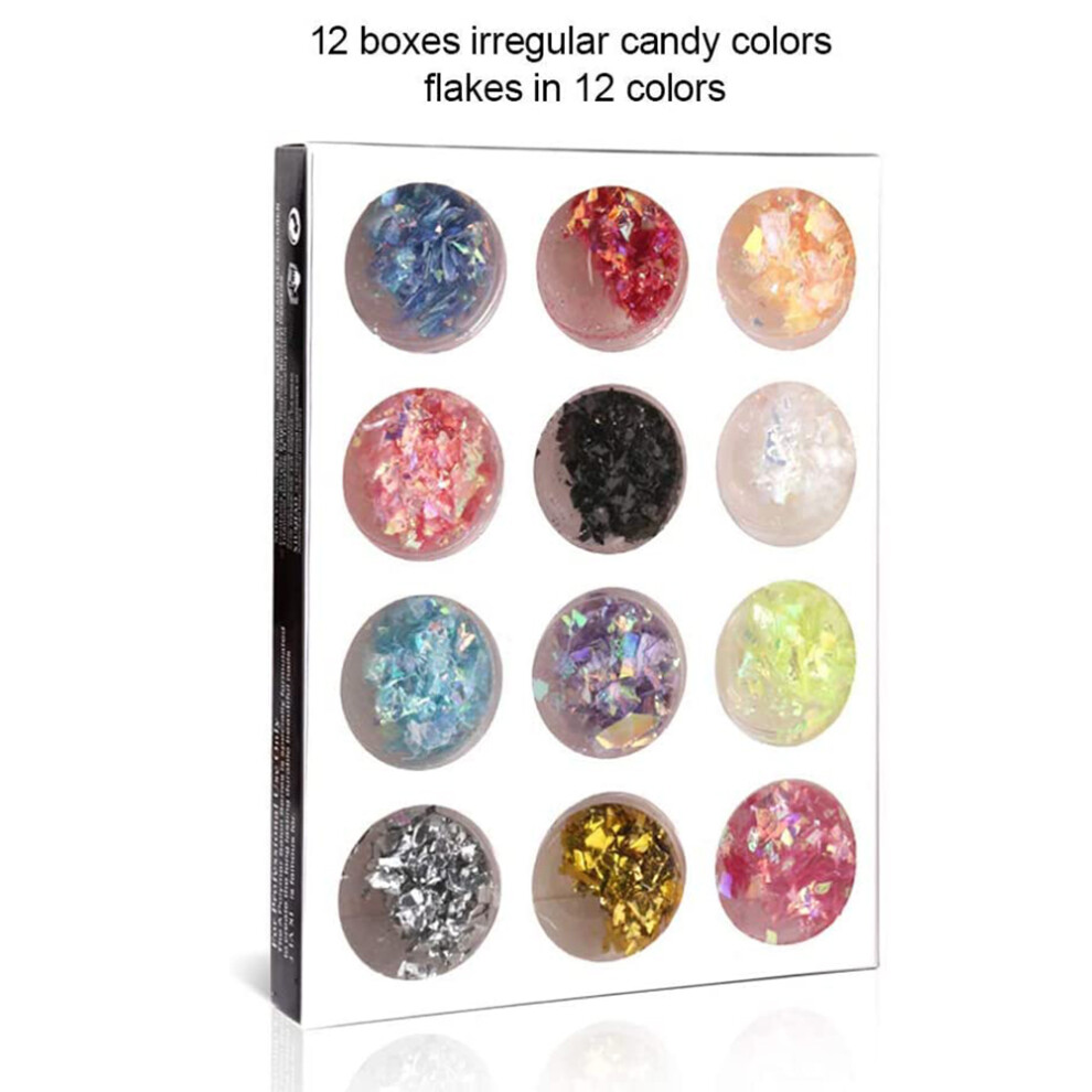 Iridescent Flakes Nail Art Glitter, Metallic Foil Flakes Glass Effect Nail Art Kit, Irregular Sequins 3D Nail Art Flakes for DIY Manicure Designs,