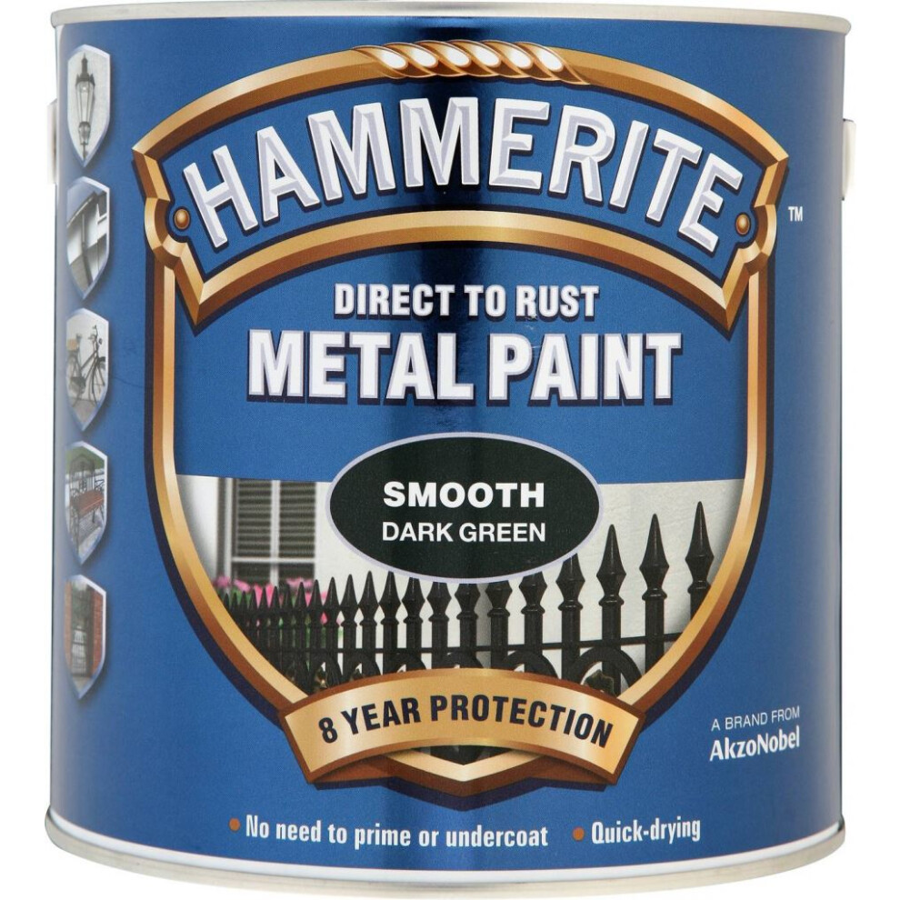 Hammerite SFDG25L Direct to Rust Smooth Finish Metal Paint Dark Green 2.5 Litre