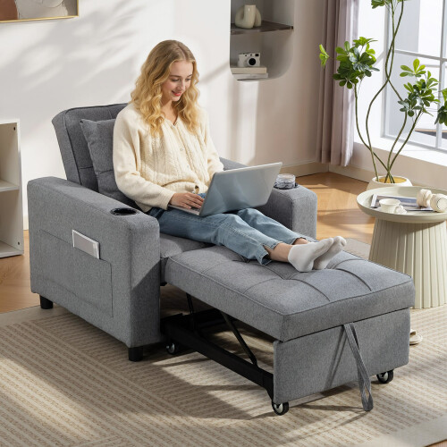 Homcom (Grey) HOMCOM 3-in-1 Sofa Bed, Convertible Sleeper Chair with Adjustable Backrest