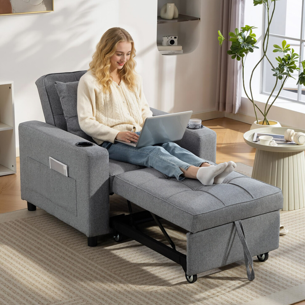 Homcom (Grey) 3-In-1 Sofa Bed, Convertible Sleeper Chair With Adjustable Backrest