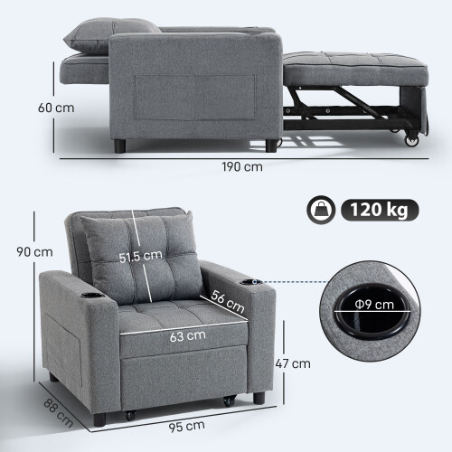 Homcom (Grey) HOMCOM 3-in-1 Sofa Bed, Convertible Sleeper Chair with Adjustable Backrest 2