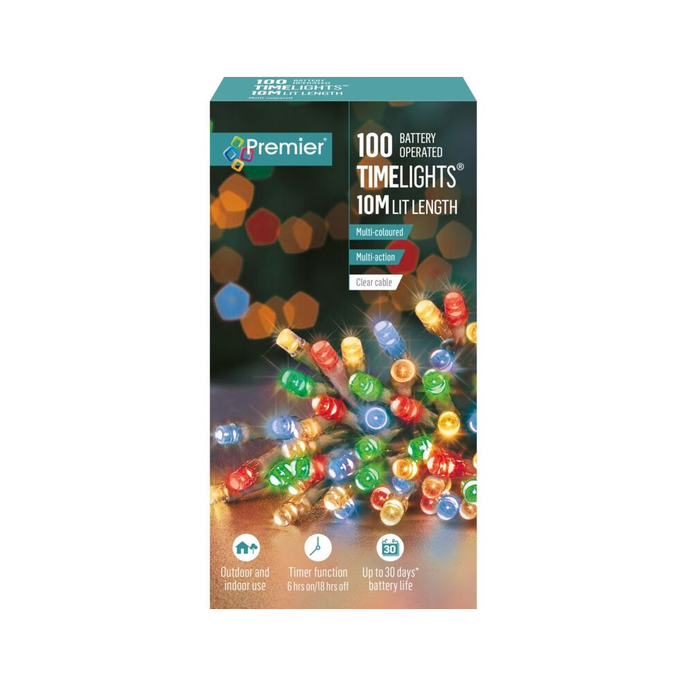 Premier 100 Led 10M Battery Function Christmas Timer Lights Multicoloured Clear