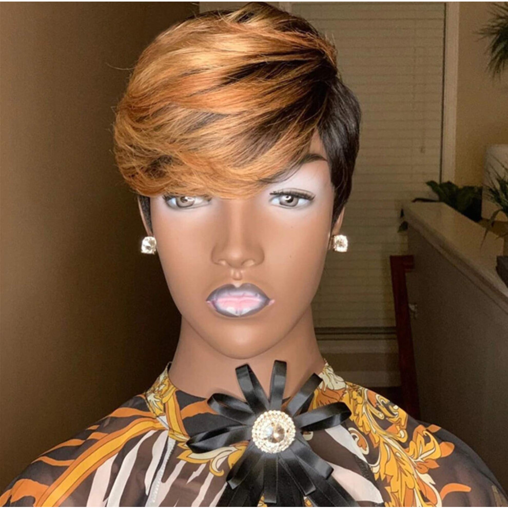 Unisex Black,Brown Short Pixie Cut Wigs With Bangs Mixed Blonde Brown Synthetic Hair For Black Women Short Hairstyles