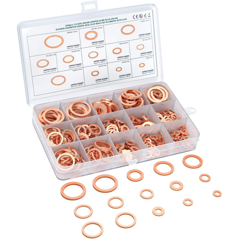 Heavy Duty Copper Sealing Washers, 280 Pcs Assortment Kit With Plastic Organizer Box, Flat Ring Washers For Automotive And Industrial Maintenance 9128293890687