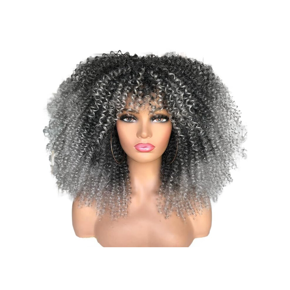 Unisex Black,Brown Wig Short Afro Curly Wig With Bangs Synthetic Glueless Fluffy Black Ombre Brown 10 Inch Womens Wig