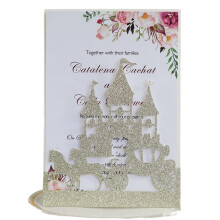 Wedding Invitation Cards 10 Pieces Laser Cut Carriage Castle Glitter Silver Red Gold 18x12.5cm