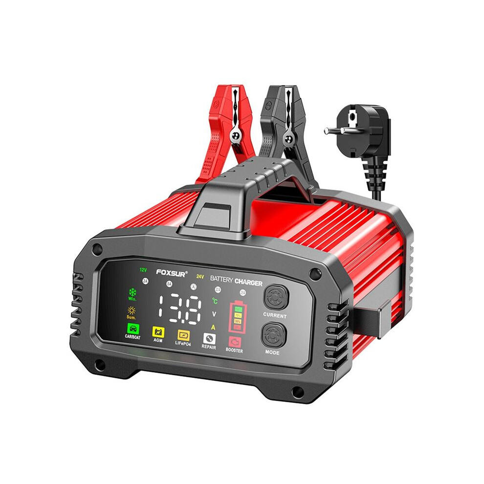 Foxsur 25A/15A Car Battery Charger For 12V-24V Motorcycle Lead Acid Agm Gel Lifepo4 Battery Car Booster Pulse Repair Eu Plug 4712573504743