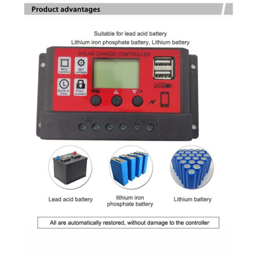 30A Zonne-Controller met -Gat 12V 11.1V LCD Fotovoltaïsche Laadcontroller USB-Laadcontroller 2