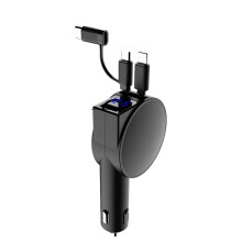 3 in 1 60W Car Charger Adapter Telescopic Cord Dual Port Two Retractable Cables LED Voltmeter for Cellphone A Black