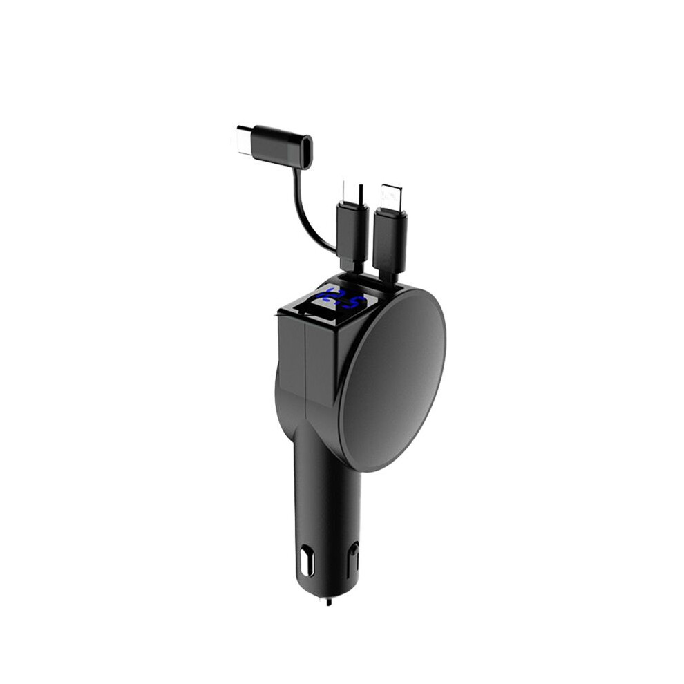 3 In 1 60W Car Charger Adapter Telescopic Cord Dual Port Two Retractable Cables Led Voltmeter For Cellphone A Black 4713143443028