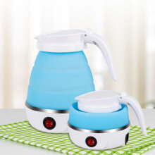Foldable Electric Kettle, Mini Silicone Travel Kettle, 0.6L, Stainless Steel Base (Blue)