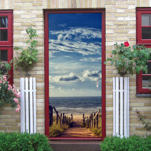 3D Door Art Wallpaper Blue Sky Sea Landscape Waterproof PVC Self-Adhesive Removable Door Mural Decals 30.3"X78.7" for Home Décor