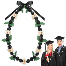 Kukui Nut Lei Necklace 32In Adjustable Acrylic Graduation Lei Black Hawaiian Ribbon With Green Leaves And White Flowers