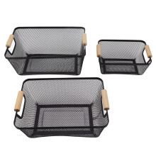 Portable Storage Bin with Wooden Handle, Multiple Storage Options for Kitchen Pantry Bathroom Closet, Iron Mesh Basket with Decorative Finish and Brea
