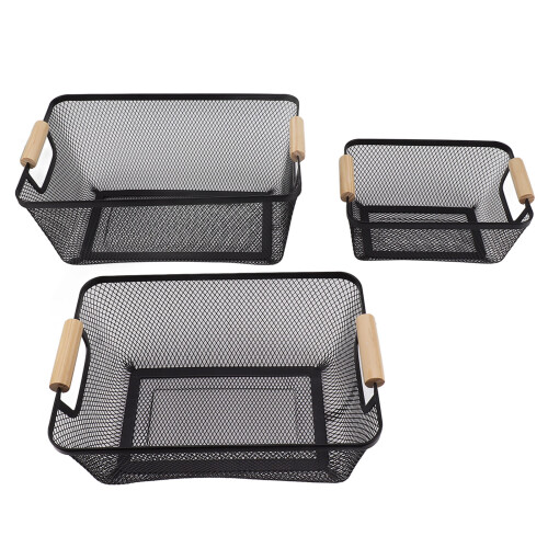 Breathable Mesh Walls with Wooden Handles, Rust Resistant Surface Stackable Design for Kitchen Organization, Sturdy Iron Metal Wire Baskets, Versatile