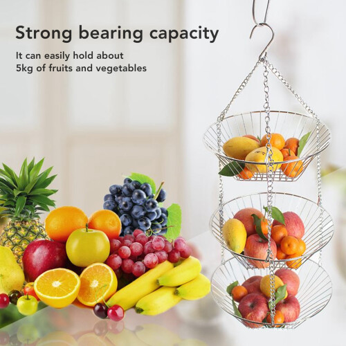 Multifunctional 3-Tier Kitchen Hanging Fruit Baskets, Space Saving Iron Wire Storage Organizer, Adjustable Chains with Wide Use in Kitchen Bathroom Pa 2