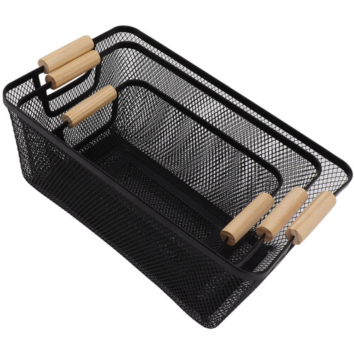 Breathable Mesh Walls with Wooden Handles, Rust Resistant Surface Stackable Design for Kitchen Organization, Sturdy Iron Metal Wire Baskets, Versatile 2
