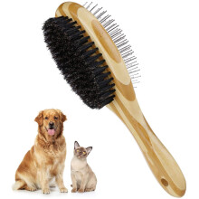 Cepillo profesional ecológico de bambú para perros, tacto cómodo con diseño 2 en 1 de doble cara y masajeador de silicona para pelo largo y