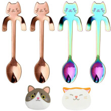 Conjunto de 4 mini colheres de aço inoxidável, com um adorável tema de gato, duráveis e seguras, feitas em aço inoxidável 304, com uma pega