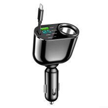 Fast Charging Car Charger 66W Dual USB PD Adapter with Digital Display and Retractable TypeC Cable 12V 24V