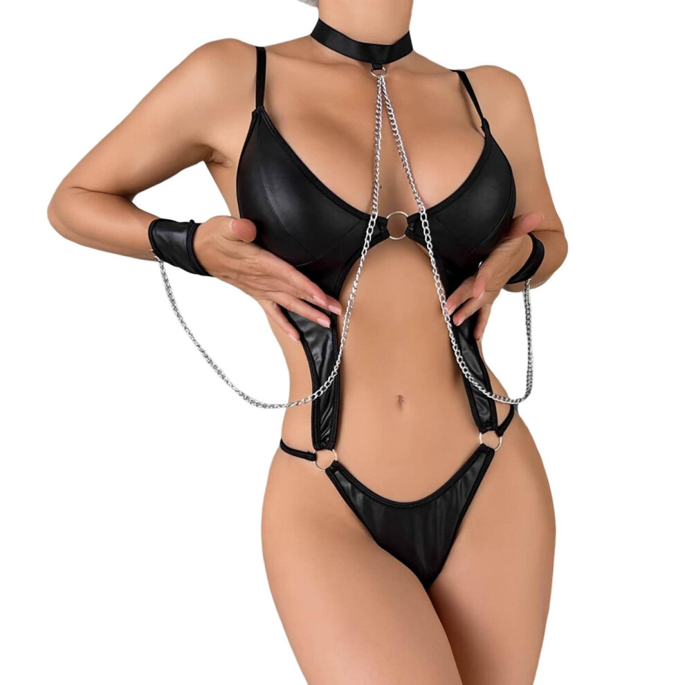 Black Latex Lingerie Set For Women, Erotic Bdsm Bodysuit Lingerie Leather Bra A1 Xl