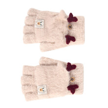 Mädchen Beigefarbene Plüsch-Fingerlose Handschuhe mit Flip-Top-Cartoon-Muster für winterliche Wärme