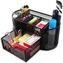 Versatile And Eco-conscious Desk Organizer, Robust Mesh Metal Build, 9 Compartments Plus A Drawer For Extensive Storage, Smooth Drawer For Seamless Ac