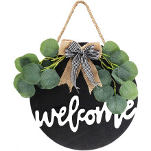 Farmhouse Wall Decor, Sturdy Construction Welcome Sign for Dog Lovers, Eucalyptus Wreath Pet Friendly Gifts (12")