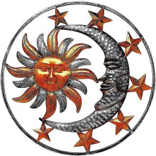 Metal Sun and Moon, Boho Home Decor Tri-Tone Celestial Indoor Outdoor, Handcrafted Metal Wall Art Ready to Hang, Brown Grey, 11.4 Inches