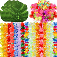 70 Stücke Hawaiianische Luau-Party-Materialien, tropische Leis, Palmblätter und Hibiskusblüten für Geburtstagsbabyparty, Strandpoolparty,