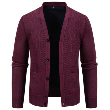 Men's Warm VNeck Winter Cardigan Jacquard Knit Jacket L Red