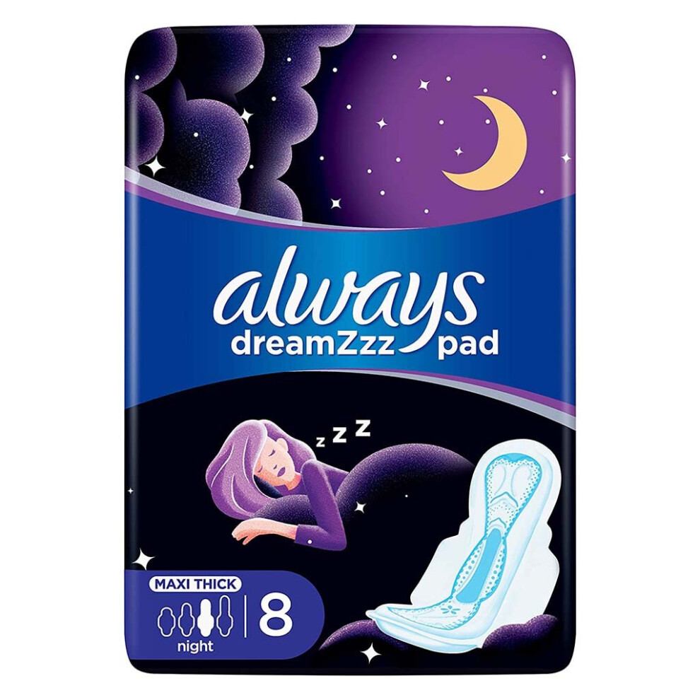 Always Clean & Dry Maxi Thick Night Sanitary Pads With Wings, - Pack of 8'S